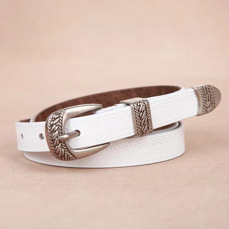 Western Cowgirl Belt Genuine Leather Etched Silver Metal Buckle 4 Sizes Available Metal Tip And Belt Loop Real Cowhide Choose White Black Ox Blood Red Dark Brown Or Camel Great With Jeans Maxi Dresses Kimonos Shorts