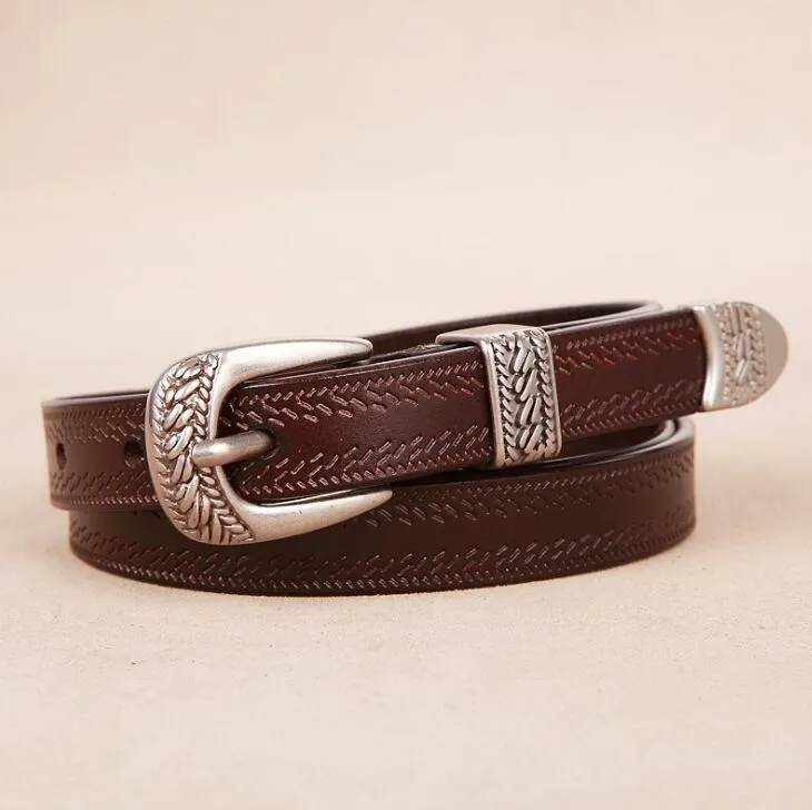 Western Cowgirl Belt Genuine Leather Etched Silver Metal Buckle 4 Sizes Available Metal Tip And Belt Loop Real Cowhide Choose White Black Ox Blood Red Dark Brown Or Camel Great With Jeans Maxi Dresses Kimonos Shorts