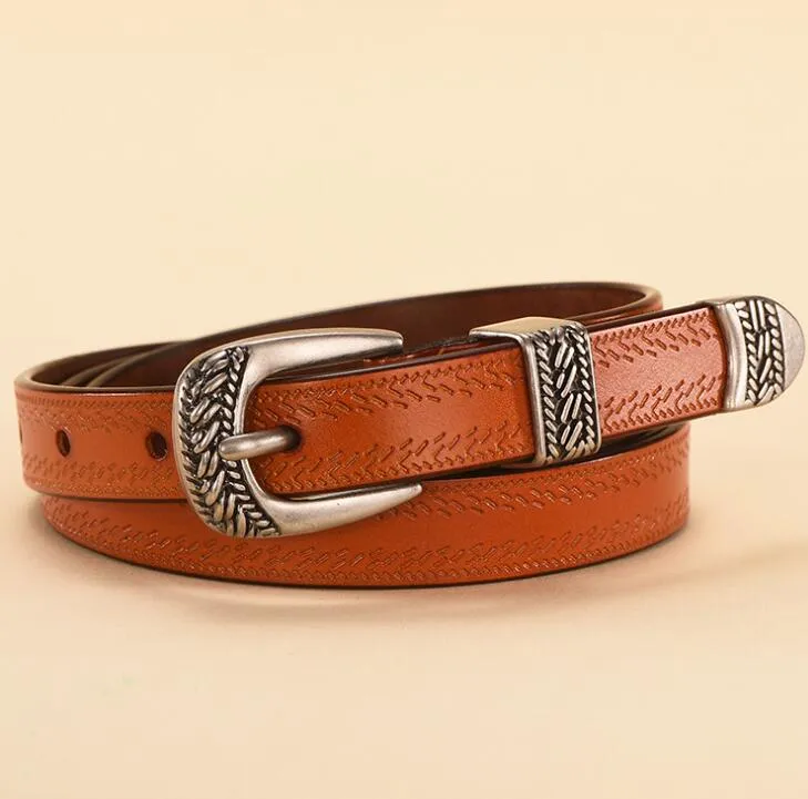 Western Cowgirl Belt Genuine Leather Etched Silver Metal Buckle 4 Sizes Available Metal Tip And Belt Loop Real Cowhide Choose White Black Ox Blood Red Dark Brown Or Camel Great With Jeans Maxi Dresses Kimonos Shorts