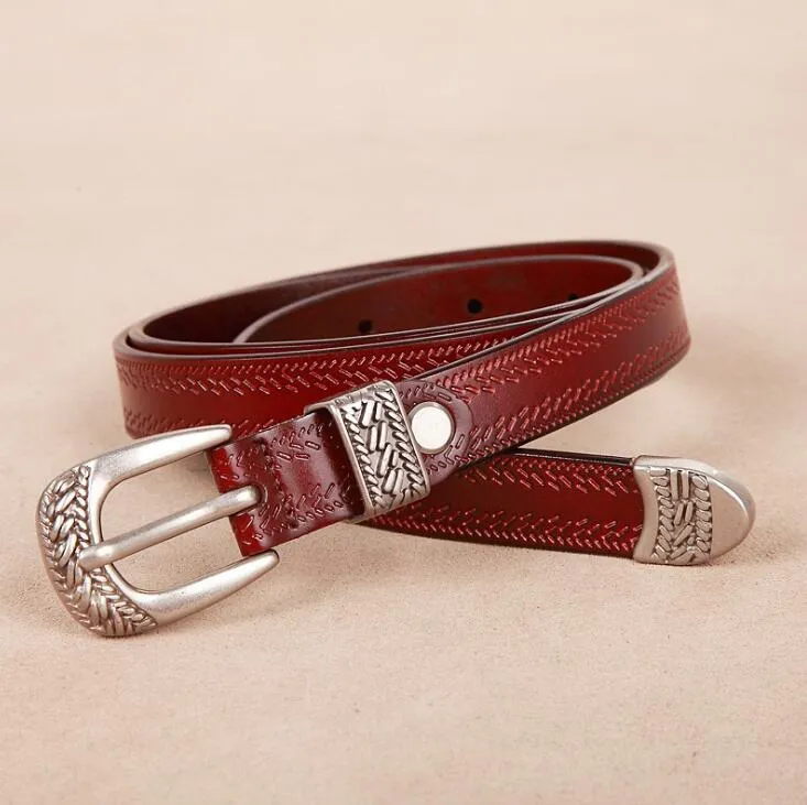 Western Cowgirl Belt Genuine Leather Etched Silver Metal Buckle 4 Sizes Available Metal Tip And Belt Loop Real Cowhide Choose White Black Ox Blood Red Dark Brown Or Camel Great With Jeans Maxi Dresses Kimonos Shorts