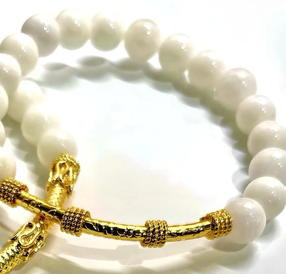 White Alabaster Gemstones & 18k Gold “Bali” Tube Beaded Bracelet