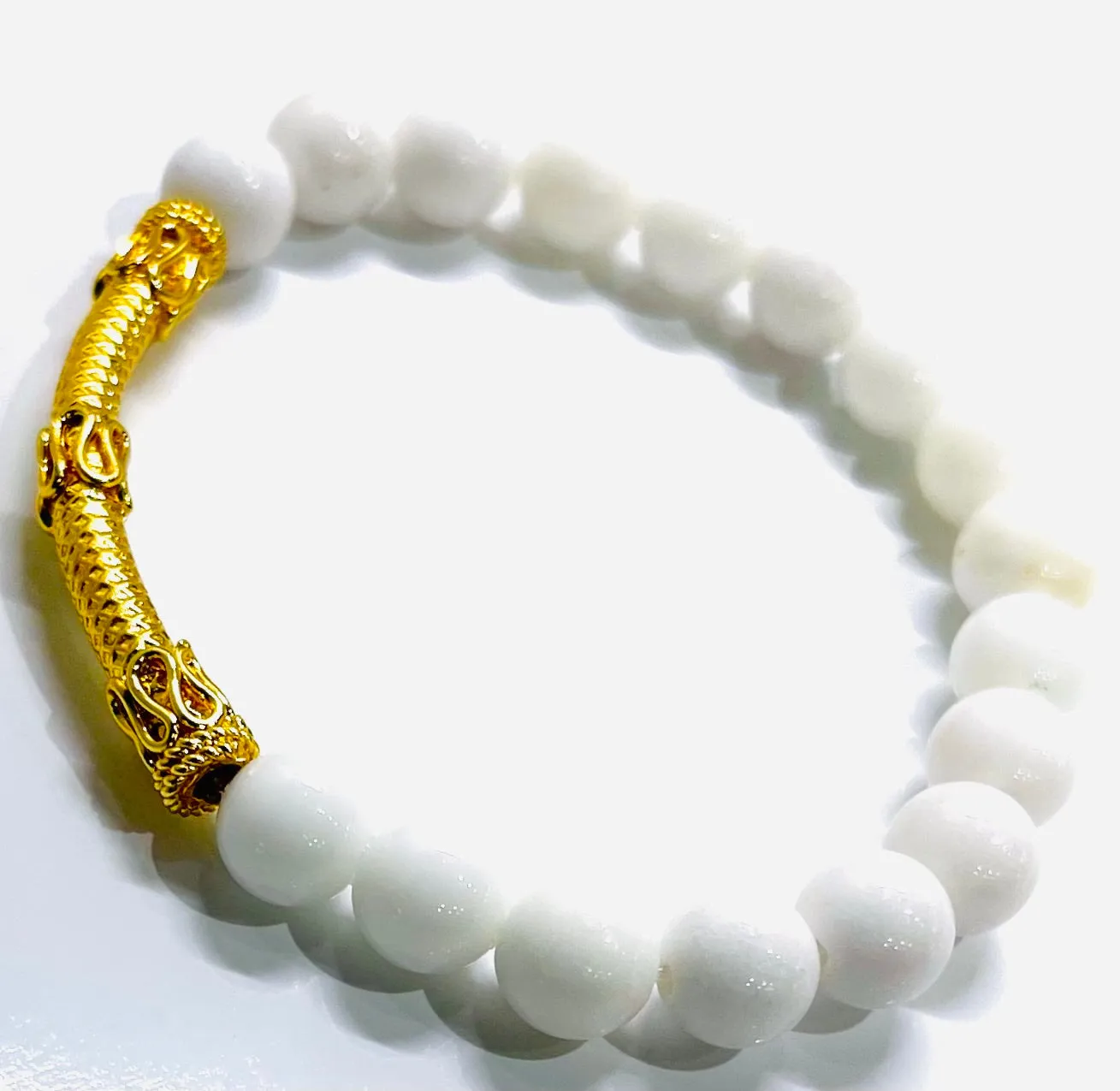 White Alabaster Gemstones & 18k Gold “Bali” Tube Beaded Bracelet