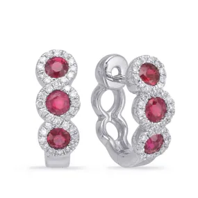 White Gold Ruby & Diamond Huggie Earring