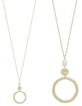 Worn Gold Open Circle with Pearl Drop 36" Necklace