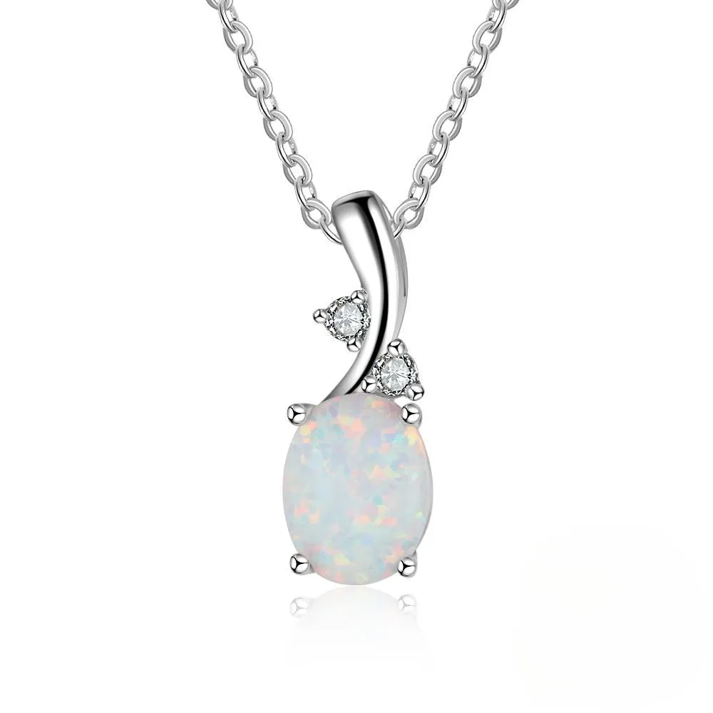 Zircon Meteor Design Oval Opal Sterling Silver Necklace